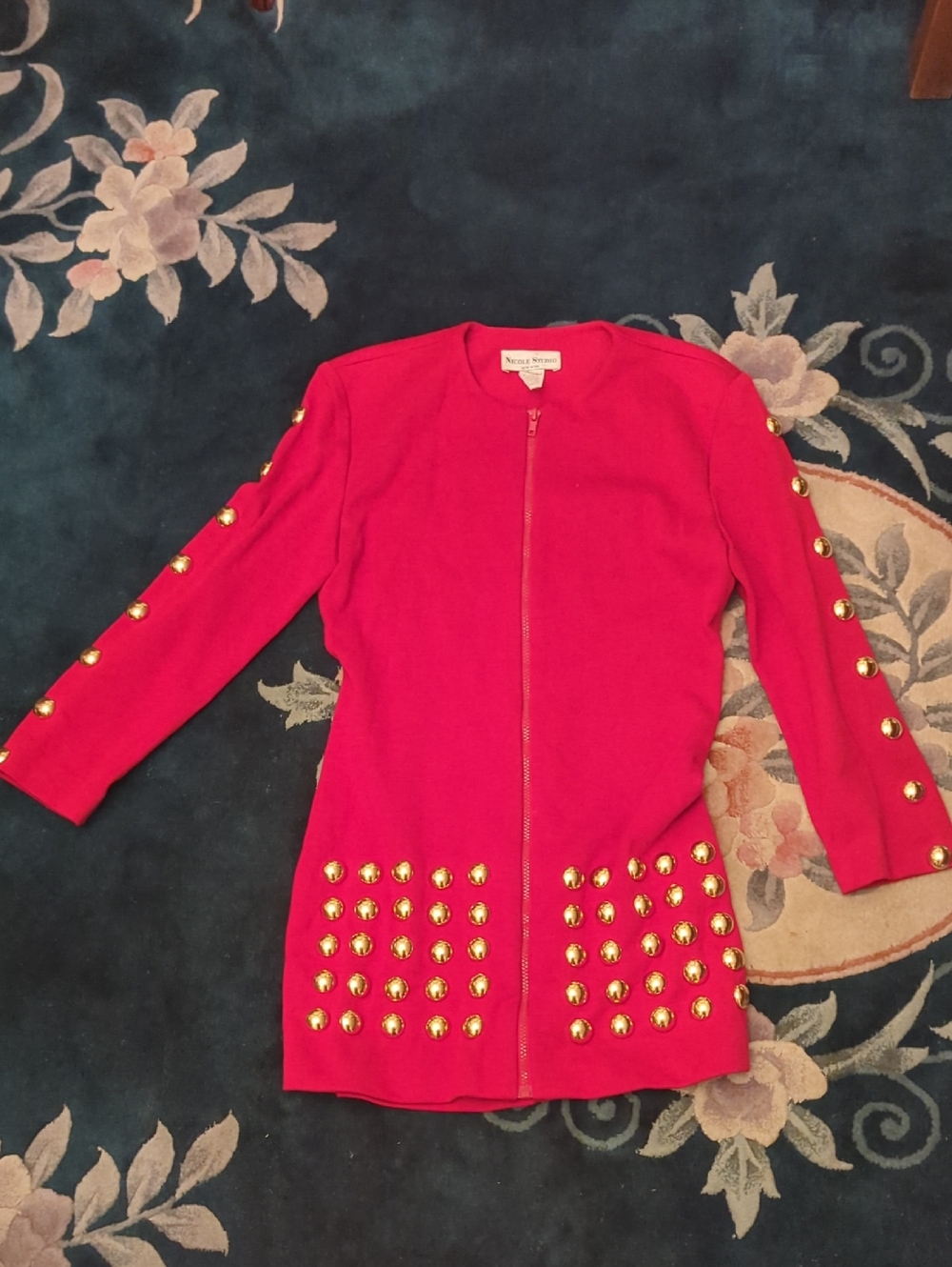 Vintage Lipstick Red Zip-Front Jacket with Gold Studs